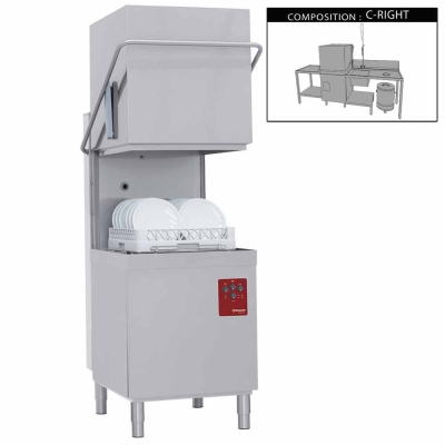 Ensemble lave-vaisselle:Lave-vaisselle capot, panier 500x500 mmDouchette avec mèlangeur, (Sortie MONO)Table entrèe/sortie (tous modèles)Table de prèlavage 